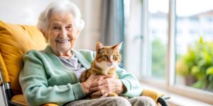 Adult child visits an older resident in a cozy room, looking at family photos together.