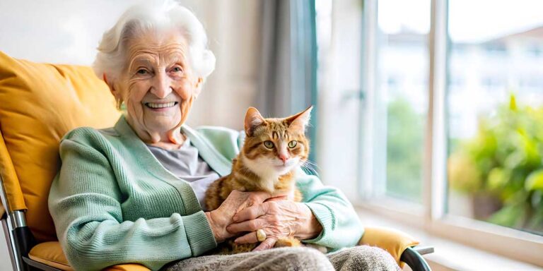 Adult child visits an older resident in a cozy room, looking at family photos together.